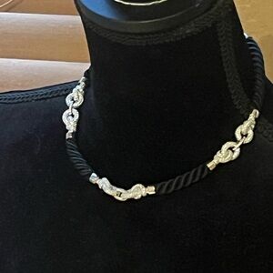 Swarovski Necklace Black Rope Cord & Silvertone Pave Crystal Knots 18"